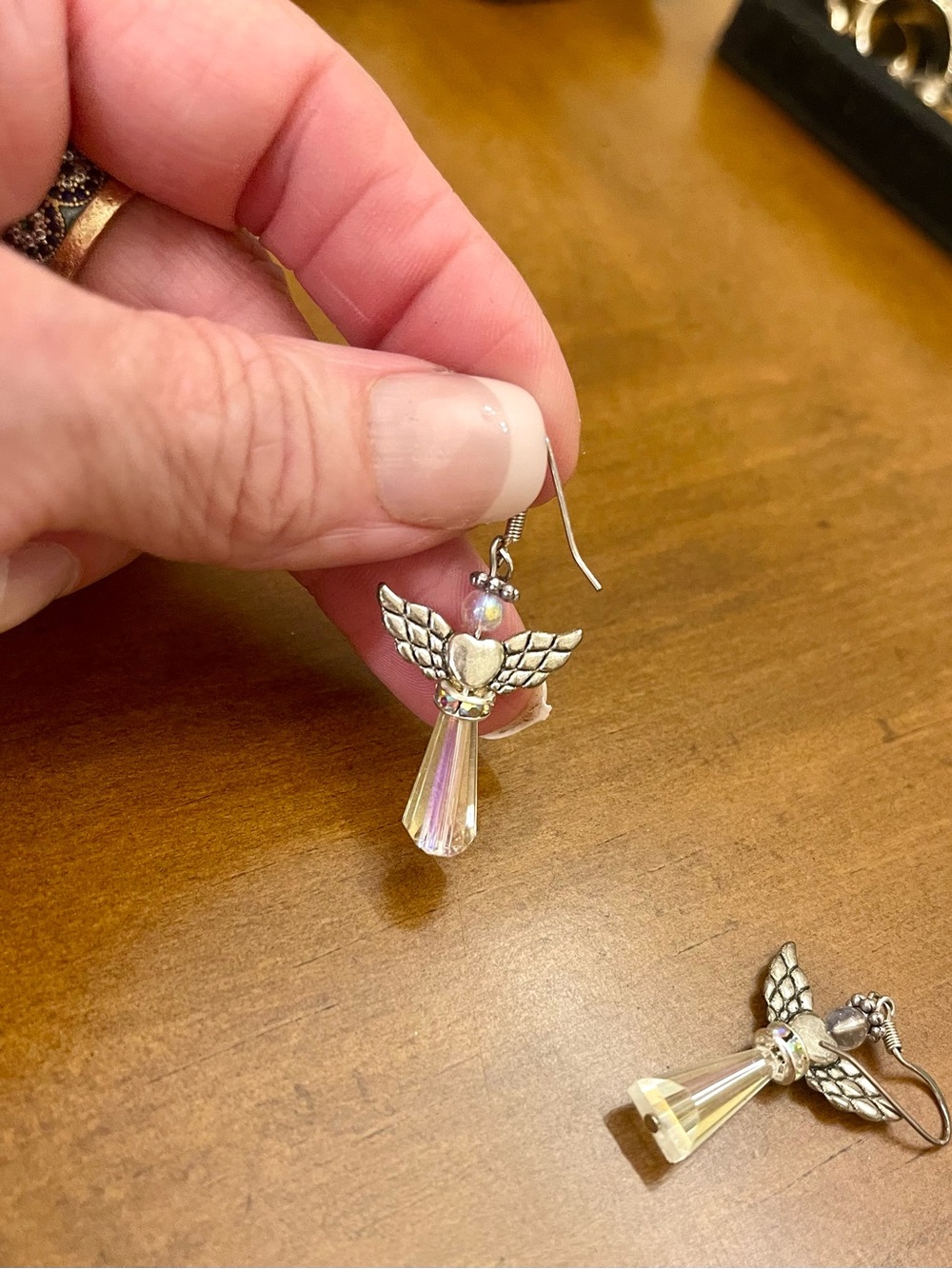 Silver Angel Wing Crystal Drop Earrings - Iridescent Pink